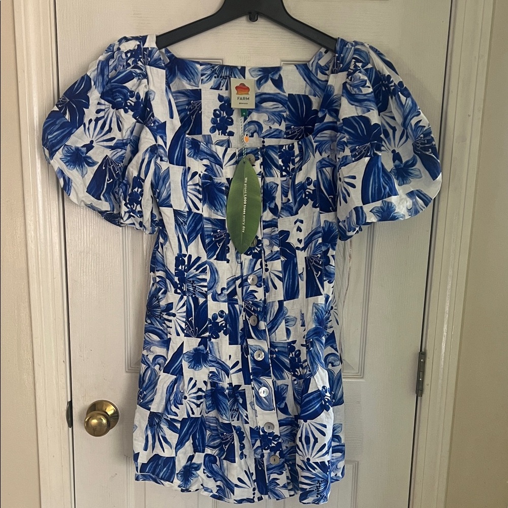 FARM Rio Blue & White Floral Button-Front Puff Sleeve Mini Dress in Farm Tiles